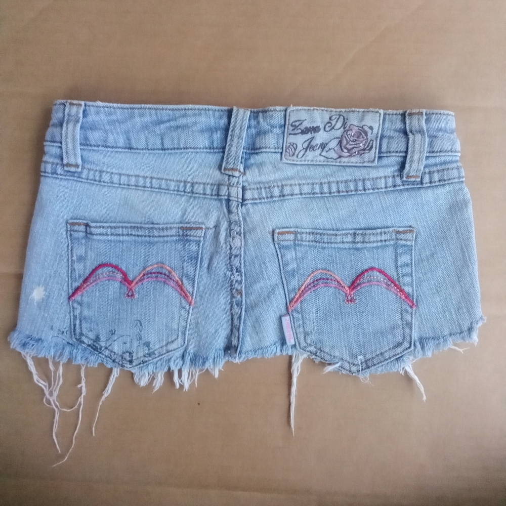 Zana Di Jeans Very Short Jean Mini Skirt Size 0 Pink Floral & Gemstone Designs - Picture 2 of 15
